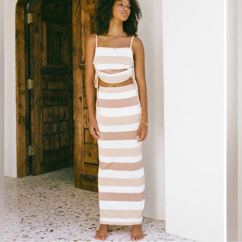 ❌SOLD❌ Sabo Skirt Leti Tan Brown White Long Knit Cotton Maxi Pencil Stripe Skirt - Picture 9 of 10